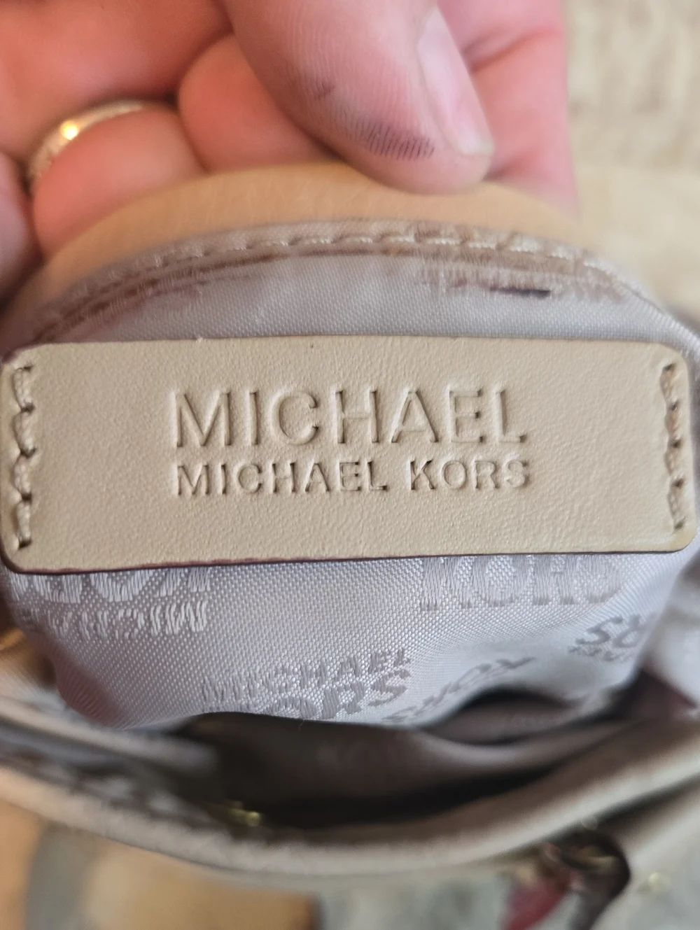 Michael Kors Brown Logo Crossbody with Beige Trim and Pink Butterfly Charm